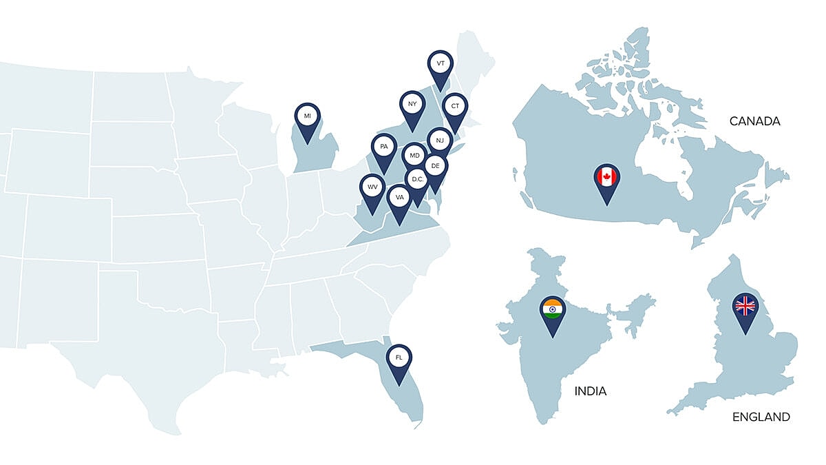Map showing locations in North America and India.
